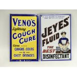 Two small enamel advertising signs for Veno's cough cure and Jetes fluid, approx 15.5cm x 25.5cm.