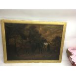 A large oil on canvas painting of horses resting outside an inn.Approx 66x91cm, some damage and
