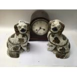 A pair of Staffordshire lustre dogs and a 1930s mantle clock