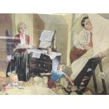 A 1950s watercolour comical interior scene the fam