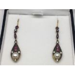 A pair of drop earrings set with rubies, diamonds and cultured pearls, boxed