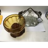 1930s enamel on glass drink set and mirrored tray plus a Davidson’s cloud glass bowl and stand.