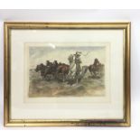 A framed and signed mezzotint by Hungarian artist Janos Viski (1891-1987), depicting running