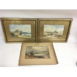 A pair of probable late 19th century watercolours, depicting coastal scenes, plus one other unframed