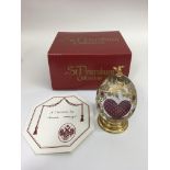 A limited edition, Sarah Faberge glass 'J'Adore' egg, facet cut with a heart painted and gilded