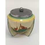 A Clarice Cliff Fantasque 'Secrets' pattern preserve pot of fin ship with metal lid.Approx 10cm