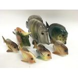 A group of Russian Lomonosov porcelain models of fish. No damage or restoration