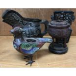 4 Chinese bronze items including a tri footed censor, a cloisonné inlaid bronze bird and 2 bronze