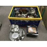 A box of silver plated and metalware items.