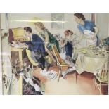 A 1950s Framed watercolour depicting a comical family seen at the table. By Leslie Gilbert