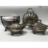 Two boxes containing silver plated ware various including biscuit barrels candle sticks tureens.