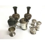 A silver christening mug, cruet , pair of Cloisonné vases and odds.A/f