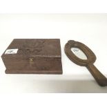A I World War trench craft carved wood mirror and a carved oak box with badge of the Highland