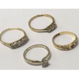 Four 18ct gold and diamond set fings. Approx J-O, 9,2g
