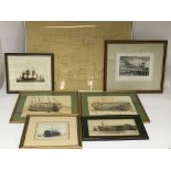 A collection of boat lithographs and a map