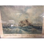An interesting 19th Century Maple Framed Marine watercolour depicting a distressed sailing ship.