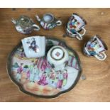 A miniature Cantonese porcelain tea set together with 2 Cantonese porcelain tea bowls