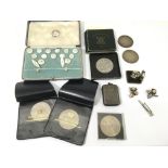 A cased set of Pearl shirt buttons, two Crowns, silver vesta and odds
