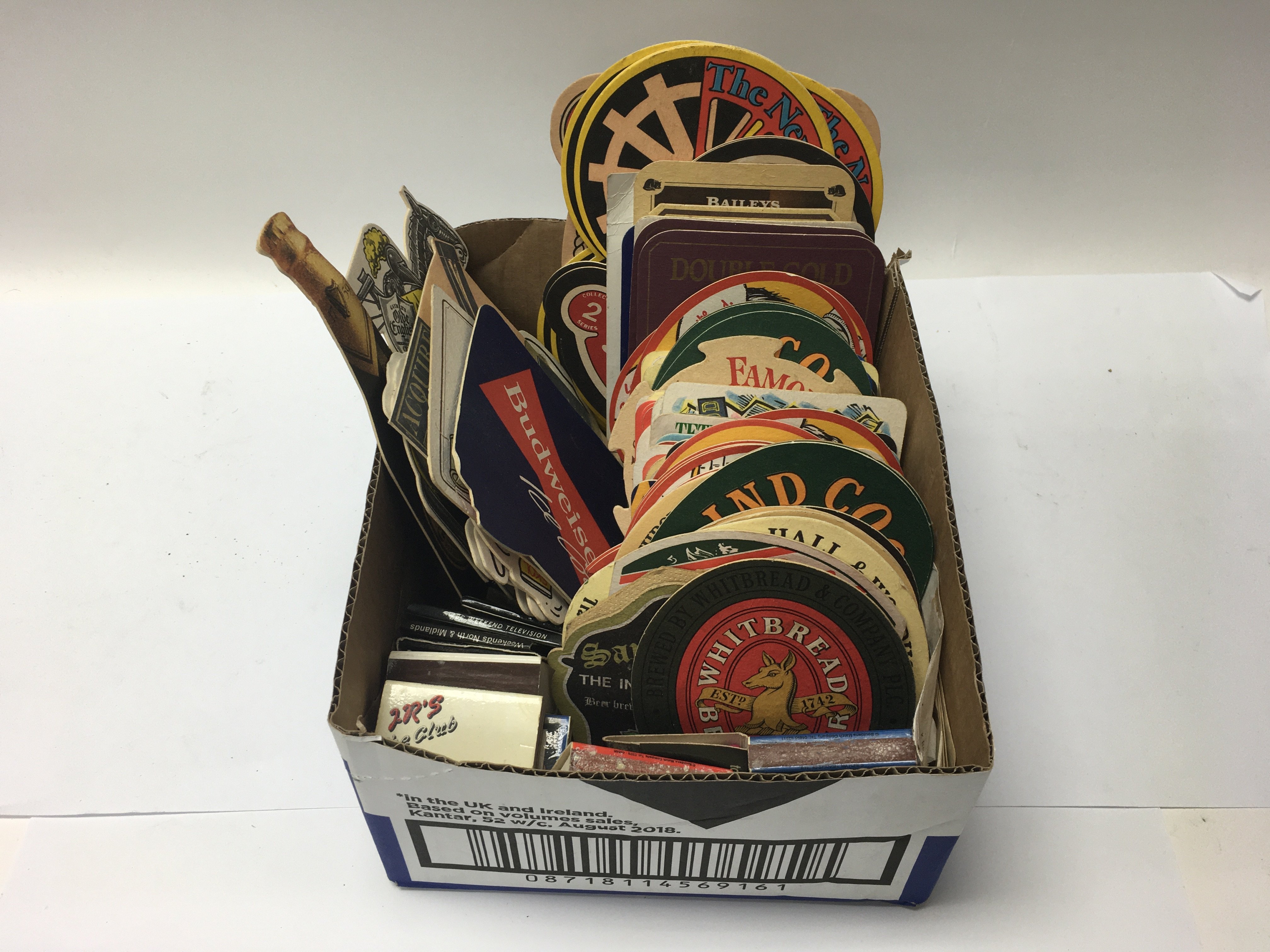 Two boxes containing various items including a collection of approximately 104 vintage pub beer - Image 2 of 2