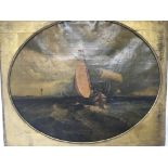 A 19th century oil painting marine view with a sailing barge with an oval mount. indistinctly signed