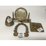 A collection of I World War trench Art including a brass and copper mirror a fused coin frame