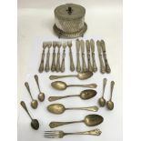 A silver plated caninster and a quantity of white metal flatware marked 60, approx 1k.
