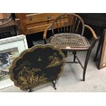 A small unusual bentwood chair and a lacquer fire screen. (2)