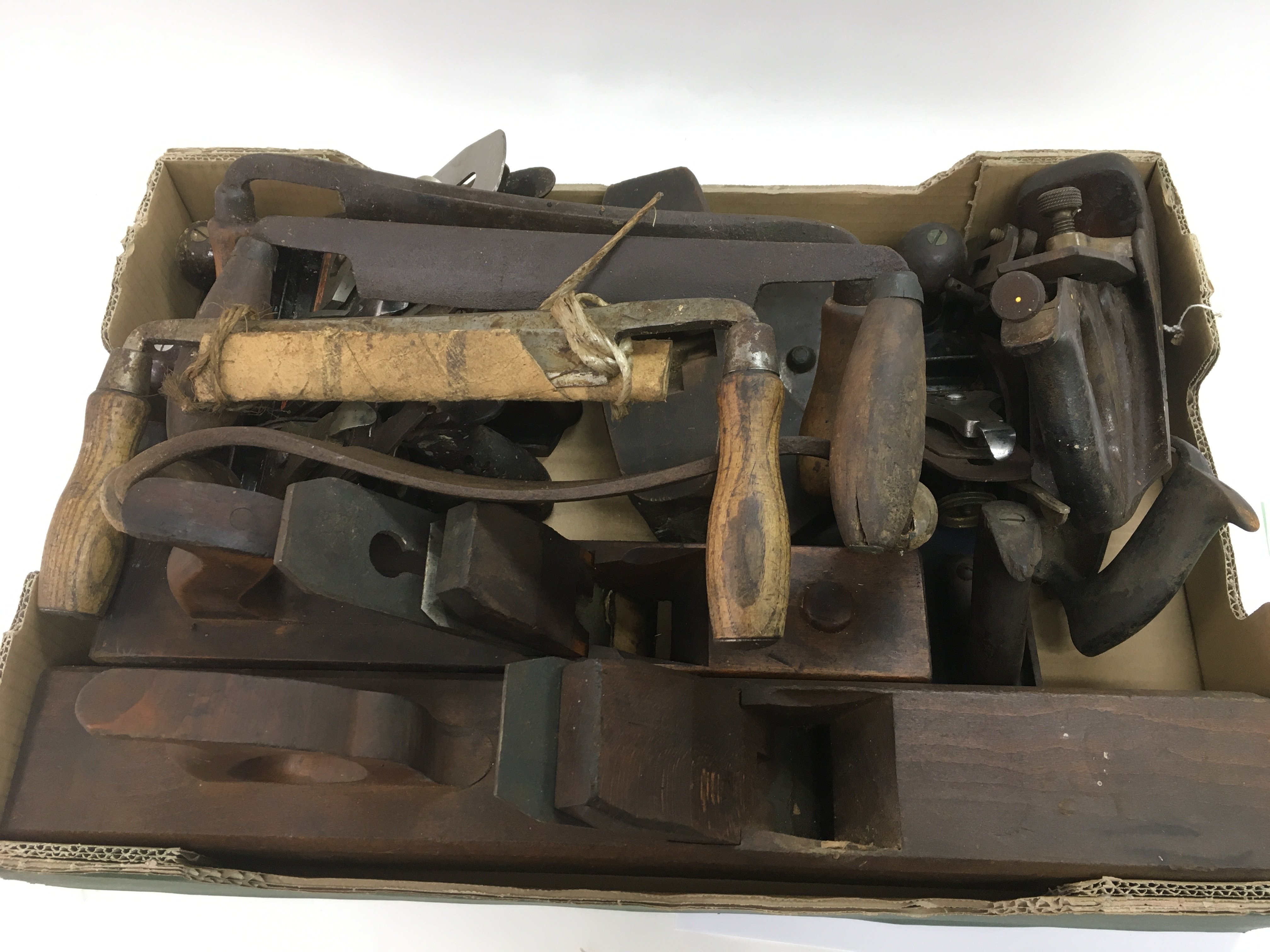 Two boxes of vintage woodworking tools including p