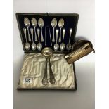 Hallmarked silver cased spoons, 2 Georgian silver ladles, h/m silver Bon Bon dish and silver yard