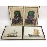 A pair of oriental , finely painted silk pictures of an Emperor and Empress sitting on their