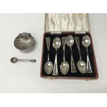 A set of silver spoons, a silver salt dish and EPN