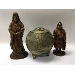 Two Japanese wooden carvings and a brass koro