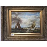A Gilt Framed oil painting marine view with sailing boats and fishermen. 64x56cm