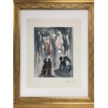 A hand signed Salvador Dali print in a gilt frame depicting various figures in what looks like a