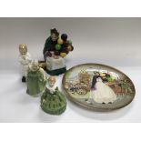 A Royal Doulton Biddy Pennyfarthing figure and plate plus three other Royal Doulton figures (5) - NO