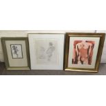 A framed, pencil study or two male nudes, indistinctly signed 50x59cm, an a abstract pencil