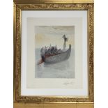 A hand signed Salvador Dali print in a gilt frame depicting figures on a small boat at sea, approx