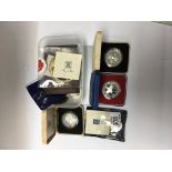4 commemorative cased silver coins together with a collection of mixed coins