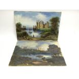 Two late Victorian landscape painted glass panels.