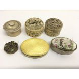 A continental silver and yellow guilloche enamel pill box with other examples including bone