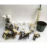A collection of ceramics including Beswick, foals, Coopercraft cats, Bunnykins and two lamps