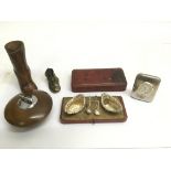 A London silver salt set , model shoes, Robson lig