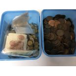 Two plastic tubs containing used circulated coinage bronze and other nickel and pre 1946 coinage (