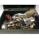 A box of costume jewellery and a pair of gold earr