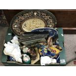 A large German majolica potter charger and a qty of other items.