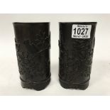 A pair of carved Chinese bamboo brush pots. H.16cm