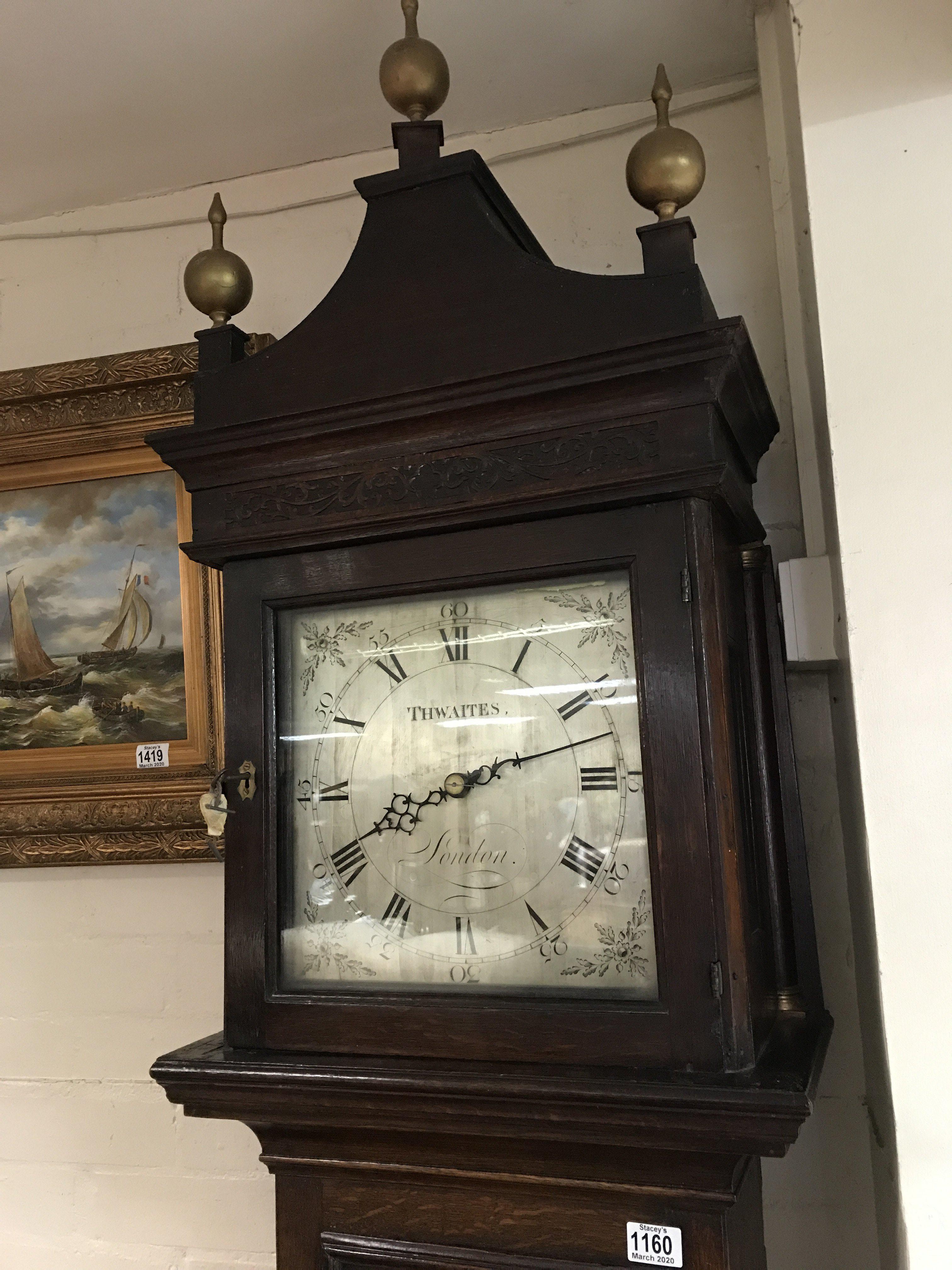A 30 hour oak cased longcase clock with a silvered dial and movement by Thwaites, London c.1816.