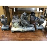 A spelter and marble Figural clock garniture