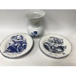 A blue and white Limoges porcelain vase plus 8 Nor