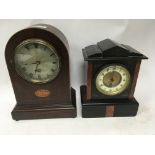 An Edwardian inlaid mantle clock and additional Victorian black slate mantle clock.
